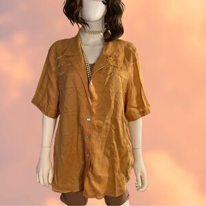 100% Linen Umber short sleeve button shirt. Fringe detail.

Plus Size 22W